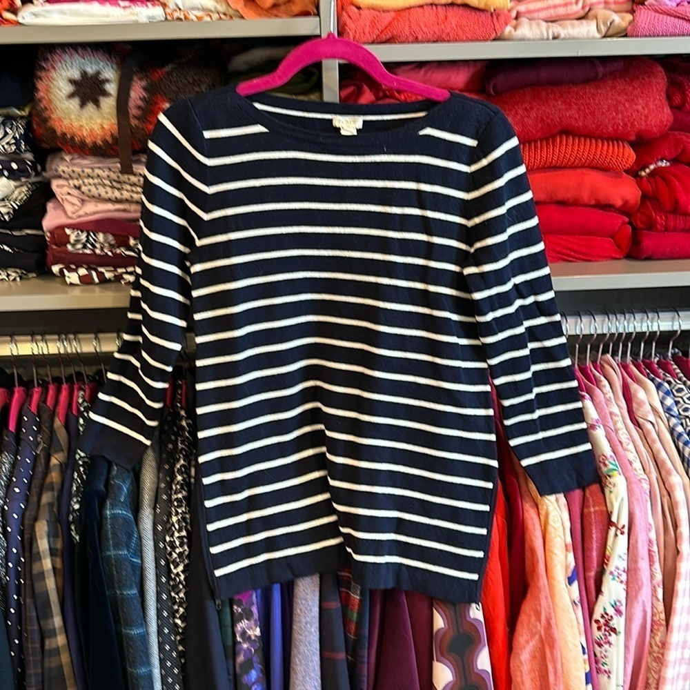 J Crew blue/white stripe boat neck 3/4 sleeved sweater thick size XS NWT